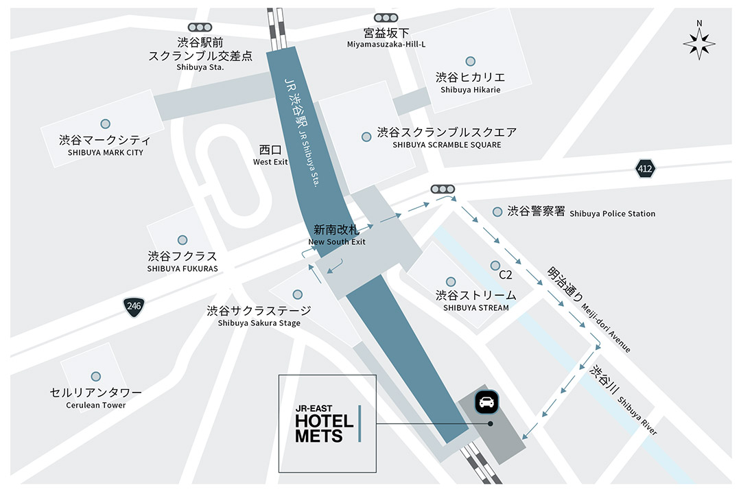 JR渋谷駅新南改札からホテルまでのルート（深夜 25:00～28:00の間）
